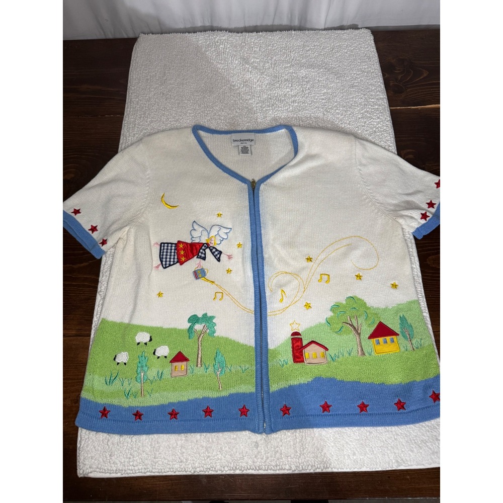 Breckenridge Petite White Embroidered Angel Sheep Zip Up Cardigan Sweater PM